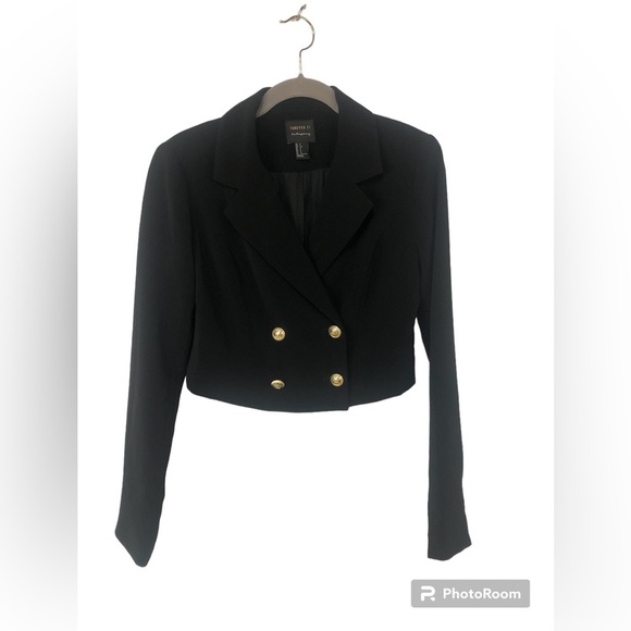 Forever 21 Women’s Jacket Black Crepe Double Breasted Military Cropped - Picture 1 of 8